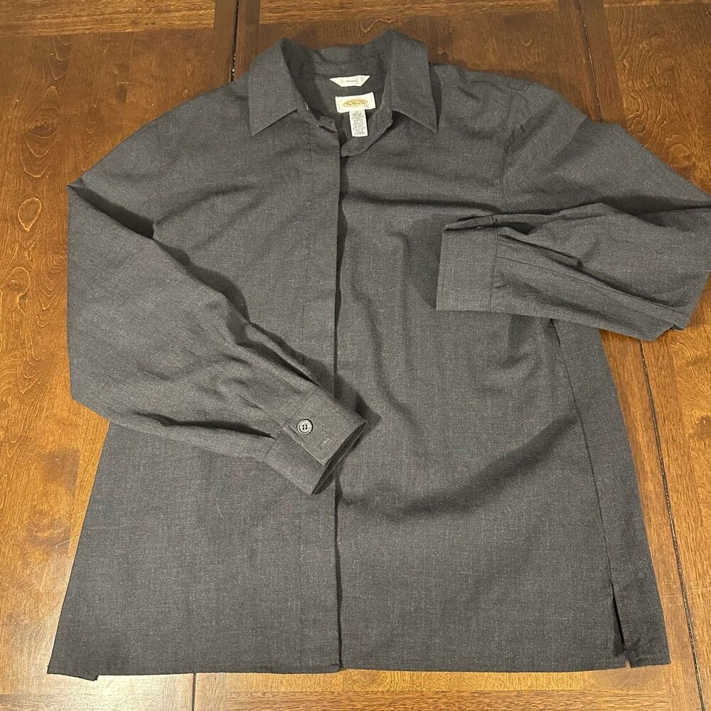 Talbots Gray Blazer Women’s 12 Hidden Buttons Wool Blend Band Collar Utility USA
